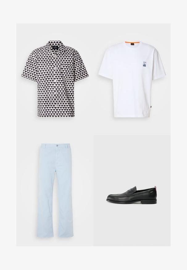 Krátký rukáv košile z bílé látky s námořnickým vzorem srdce. Obsahuje přední zapínání na knoflíky, límeček a kapsu na levé straně hrudi.; Bílý bavlněný tričko s malým modrým logem a grafickým designem na levé hrudi; volný střih s klasickým kulatým výstřihem.; Světle modré bavlněné kalhoty s rovnými nohavicemi, předním zapínáním na knoflík a bočními kapsami. Hladká textura a minimální detaily šití.; Černé kožené mokasíny s texturovaným předním panelem a hladkými stranami. Mají štíhlý podpatek a zadní poutko pro snadné obouvání. Klasický design.