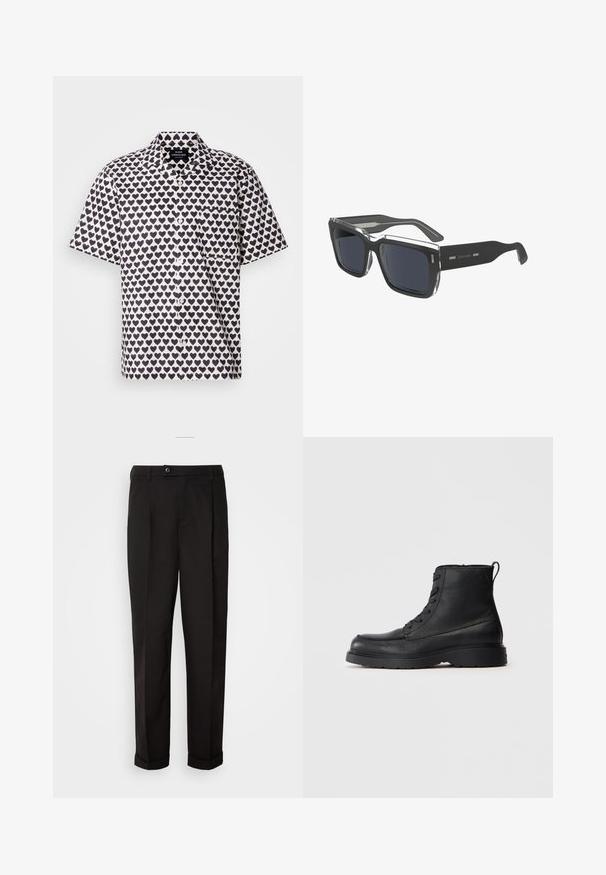 Krátký rukáv košile z bílé látky s námořnickým vzorem srdce. Obsahuje přední zapínání na knoflíky, límeček a kapsu na levé straně hrudi.; Černé kalhoty s hladkou texturou, rázovaného střihu, dvěma předními kapsami a jedním knoflíkovým zapínáním v pase.; Černá texturovaná kůže, šněrovací kotníková bota s tlustou podrážkou a poutkem na zadní straně, boční pohled.; Černé obdélníkové sluneční brýle s tmavě šedými čočkami, s průhledným konektorem na obrubě a elegantním pevným černým ramenem. Na rameni je logo "Calvin Klein".