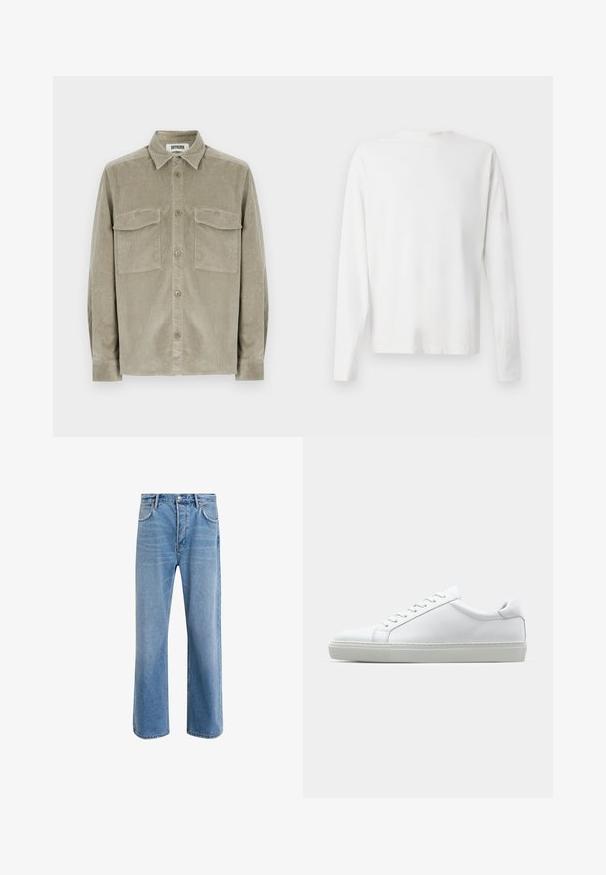 Camisa de pana verde oliva con mangas largas, cierre frontal de botones y dos bolsillos en el pecho. Textura suave con diseño de cuello clásico.; Camisa de algodón blanca de manga larga con cuello redondo, aberturas laterales en la parte inferior y una textura suave, exhibida desde la parte de atrás.; Jeans de mezclilla azul claro con un diseño de pierna recta, cinco bolsillos, cierre de botón, ligeramente desgastados y detalles de costura en contraste.; Zapatilla blanca con parte superior de cuero liso y perfil bajo. Presenta una puntera redondeada, seis ojales y una suela de goma texturizada.