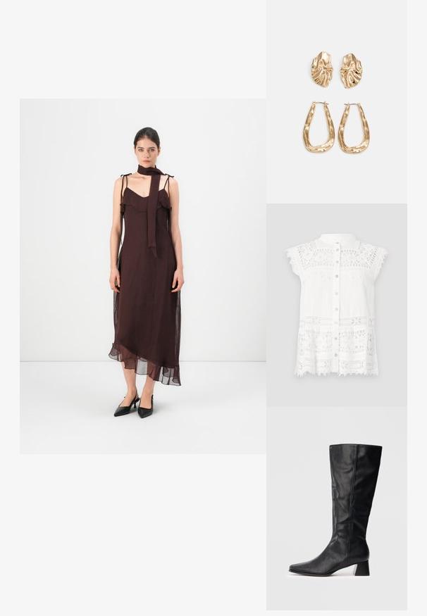 Weißes Blusenshirt mit kurzen Kappärmeln, verziert mit Spitzen-Details und einer Knopfleiste. Texturiertes Material und ein gewellter Saum sorgen für visuelle Raffinesse.; Bordeauxfarbenes, ärmelloses Kleid mit Rüsche am Halsauschnitt, asymmetrischem Saum und Bindeband. Tragen mit schwarzen, spitzen Absätzen. Glatte Textur.; Schwarze Lederstiefel in Knöchelhöhe mit spitzer Zehe und Blockabsatz auf schlichtem, hellen Hintergrund.; Gelbe Kunstleder-Handtasche im Krokodil-Look mit strukturiertem Design, Obergriff, abnehmbarem Kettenriemen und dekorativer Kristallverzierung am Verschluss.; Ohrringe in Goldoptik mit strukturierten, gewellten Formen. Beinhaltet skulpturale Clip-Ohrringe und ein offenes Hoop-Design mit gehämmertem Finish.