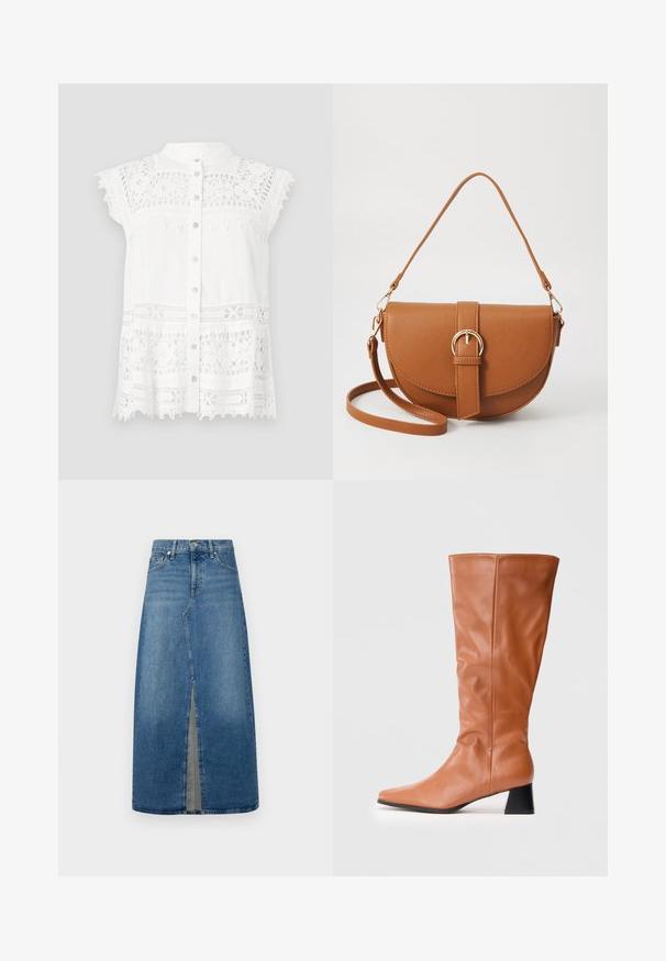 Valge pluus lühikeste, kapuutlõhadega varrukatega, millel on pitsdetailid ja nööbiga eesosa. Tekstureeritud kangas ja laineline lõhik annavad visuaalset huvi.; Teksaskangast midi-seelik ees oleva lõhenemisega. Omab vormitud taljet, helesinist värvust, vöökaari ja klassikalist viie tasku disaini.; Käsnaga pruun nahksaabas, millel on madal must plokkkonts ja veidi terav nina, esitatud külgvaates valgel taustal.; Pruun nahast õlakott, millel on kumer kuju, kullavärvi riistvara ja pandlaga kaunistus. Omab eemaldatavat õlarihma.