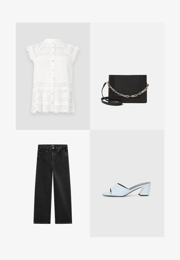 Biała bluzka z krótkimi, kapturem rękawami, z koronkowymi detalami i zapięciem na guziki z przodu. Teksturowana tkanina i falbaniasty brzeg dodają wizualnego zainteresowania.; Szerokie czarne dżinsy z subtelnym wzorem w pionowe paski, z pięcioma kieszeniami oraz klasycznym zapięciem na guzik w talii.; Jasnoniebieskie klapki na wysokim obcasie z otwartym noskiem, ozdobione geometrycznym wzorem, z szerokim paskiem na stopie i masywnym, kątowym obcasem.; Czarna skórzana torebka typu crossbody z gładką teksturą, prostokątnym kształtem oraz metalowym detalem w postaci łańcuszka z przodu. W zestawie regulowany pasek.; Czarna bransoletka z żywicy z gładką, błyszczącą powierzchnią i zaokrąglonymi krawędziami. Posiada małe złote logo "Pilgrim" na wewnętrznej stronie.