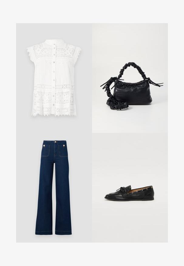 Balta bluzelė su trumpomis, užpildytomis rankovėmis, su nėrinių detalėmis ir mygtukų užsegimu priekyje. Tekstūruotas audinys ir banguotas apdaila suteikia vizualinės įvairovės.; Tamsiai mėlyni plačios kojų džinsai su aukštu liemeniu, auksinėmis mygtukų detalėmis, dviem priekinių ir užpakalinių kišenėmis bei kontrastingų siūlių akcentais. Tekstūruota džinsinio audinio medžiaga.; Juodi odiniai loafai su surišta mazgeliu, su auksinėmis akytėmis šoninėse dalyse ir plokščiu guminiu padu. Lygus paviršius, klasikinis dizainas.; Juodas dirbtinės odos rankinė su krokodilo tekstūra, sušnibždinta viršuje ir susikraipytu dirželiu. Atrodo minkšta ir kompaktiška.