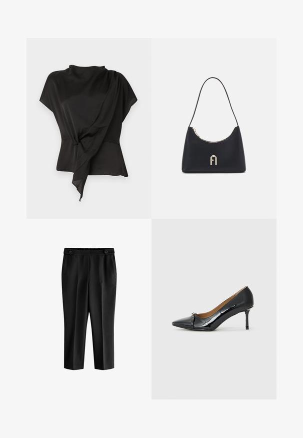 Blusa nera realizzata in tessuto liscio, con un design drappeggiato e un dettaglio annodato in vita, e maniche corte.; Pantaloni neri a culotte con una vestibilità rilassata, vita elastica e due tasche frontali. Il tessuto ha una texture liscia con una finitura leggermente lucida.; Scarpa nera in vernice, con tacco alto e punta affilata, dettaglio decorativo della cinturini nella parte frontale e sottile tacco a stiletto.; Borsa a spalla nera realizzata in materiale liscio, con forma curvata, zip dorata e un accento con logo in rilievo dorato sul davanti.