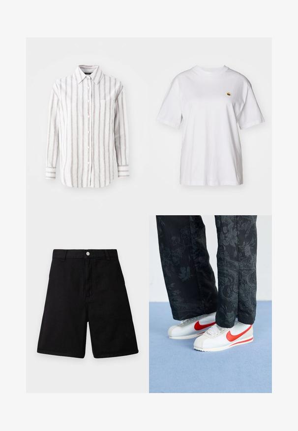 White button-up shirt with vertical brown stripes, long sleeves, a collar, and a chest pocket. Cotton fabric with a soft texture.; White cotton t-shirt with a relaxed fit, short sleeves, and a small embroidered logo on the left chest area.; Black shorts made of durable fabric, featuring a straight-cut design, front pockets, a zip fly, and a metal button closure.; White Nike sneakers with red accents, paired with black pants featuring a floral pattern. Texture is smooth with a flat braid sole.