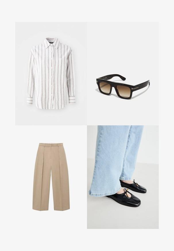 Biela košeľa na gombíky s vertikálnymi hnedými pruhmi, dlhými rukávmi, golierom a náprsné vrecko. Bavlnená látka s mäkkou textúrou.; Svetlosivé široké nohavice zavesené vertikálne, s prednými záhybmi a plochým pásom, predvádzajúce neutrálny a elegantný štýl.; Čierne kožené baletky s okrúhlym prstom, s výrezom a detailom mašle, nosené s svetlomodrými širokými nohavicami.; Želvovinové slnečné okuliare so štvrcovým rámom, prechodovými hnedými sklami a jemnými zlatými detaily na stranách.