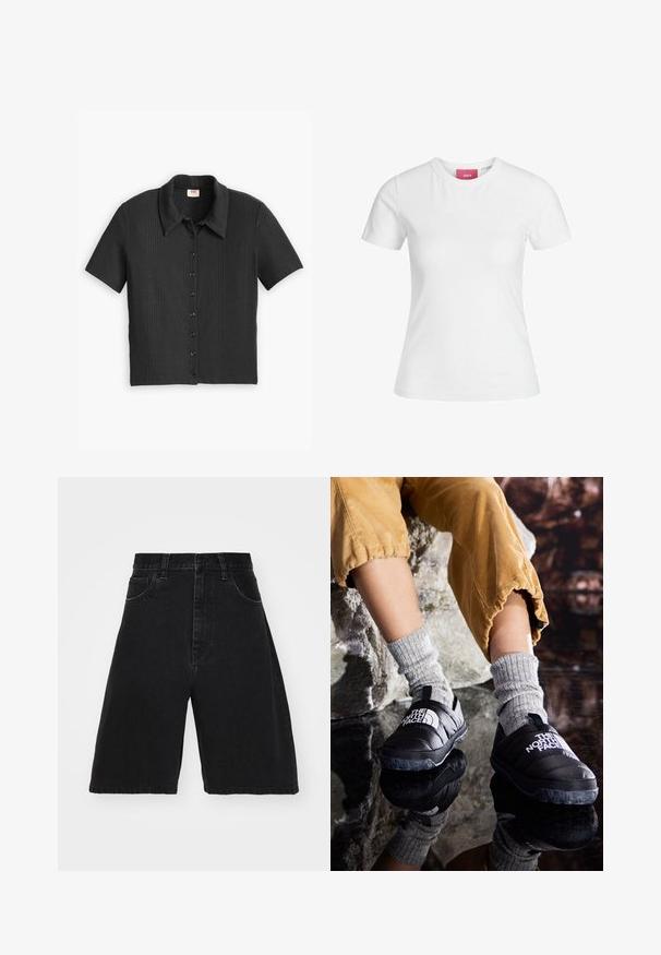 Kurzarm-Hemd mit Knopfleiste aus dunkelgrauem Rippstoff, mit einem Kragen und schwarzen Knöpfen auf der Vorderseite. Glatte Textur mit einer figurbetonten Passform.; Weißes Baumwoll-T-Shirt mit kurzen Ärmeln und einem runden Ausschnitt. Verfügt über ein pinkes Etikett am inneren Hals. Glatte Textur.; Schwarze Denim-Shorts mit hoher Taille und weitem Bein, ausgestattet mit fünf Taschen und einem Knopfverschluss. Glatte Textur mit minimalen Verblassungen.; Schwarze isolierte Schlupfschuhe mit strukturierten Sohlen und weißem Logo, getragen mit grauen Strümpfen aus Strick, kombiniert mit ribbeligen, senffarbenen Hosen.