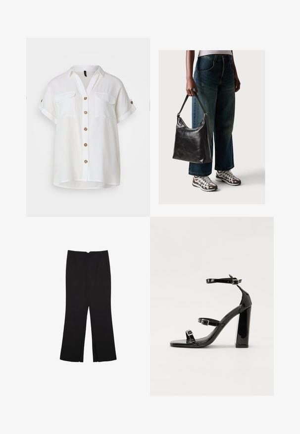 White, short-sleeve button-up shirt with a collar, two chest pockets, and decorative brown buttons. Lightweight fabric, relaxed fit.; Black trousers with a straight fit, featuring front pockets and side slits at the hem. Made of soft, smooth fabric. Suitable for various occasions.; Black patent heeled sandals with a square toe, ankle straps, and silver buckles. Features a chunky block heel for stability.; Black leather shoulder bag with a smooth texture and adjustable strap, paired with faded wide-leg jeans and athletic sneakers.
