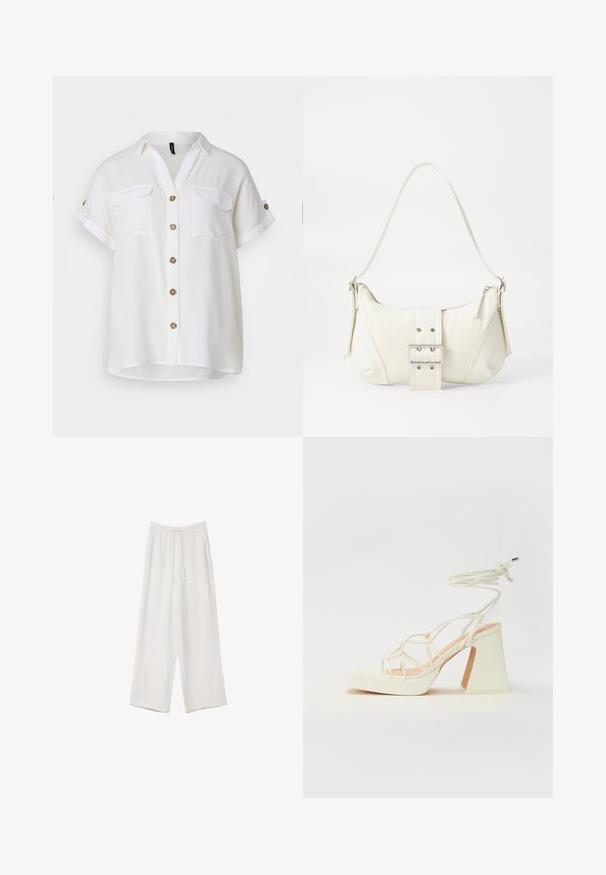 Weißes, kurzärmliges Hemd mit Kragen, zwei Brusttaschen und dekorativen braunen Knöpfen. Leichtes Material, lockerer Schnitt.; Weiße weit geschnittene Hose aus leichtem Stoff. Mit einem elastischen Bund und Kordelzug sowie Seitentaschen. Glatte Textur.; Weiße High-Heel-Sandale mit einem klobigen Absatz, die über ein Riemchendesign und ein Knöchelband verfügt. Glatte Textur mit einer Plattform vorne für zusätzliche Höhe.; Weiße Schultertasche mit texturierter Oberfläche, zentralem Schnallenakzent und geschwungener Form. Reißverschluss an beiden Seiten.