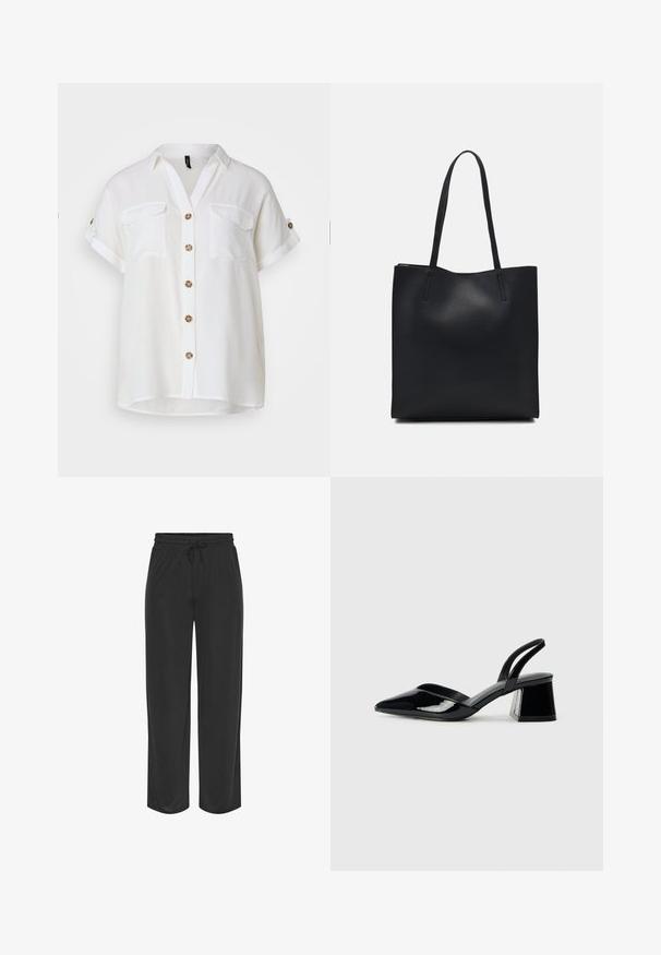 Chemise blanche à manches courtes, à boutons, avec un col, deux poches poitrine et des boutons décoratifs marron. Tissu léger, coupe décontractée.; Pantalons de jogging légers et noirs avec une taille élastique et un cordon de serrage ajustable. Design à jambe droite avec une texture lisse et sans motifs.; Escarpins en cuir verni noir avec bout pointu et talon bloc géométrique. Présente un design élégant et minimaliste ainsi qu'une texture lisse.; Sac fourre-tout en cuir noir avec une texture lisse, de forme rectangulaire et deux longues poignées. Pas de matériel ou d'ornementations visibles.