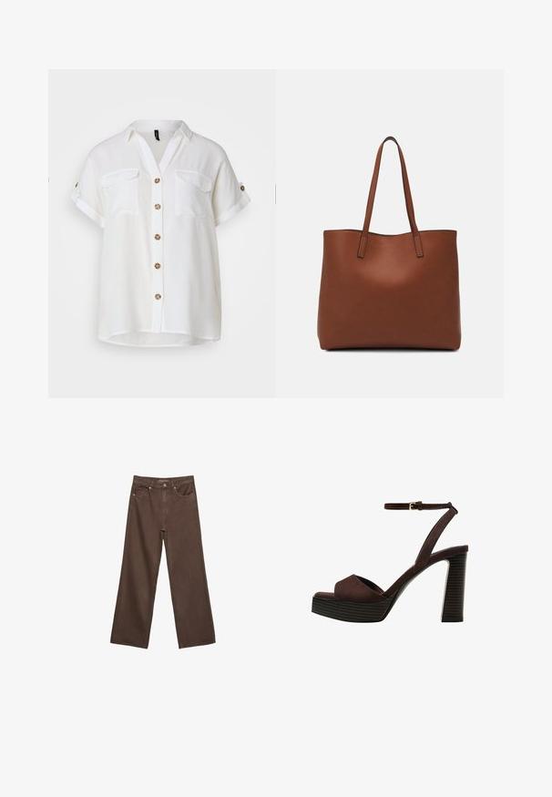 Hvid, kortærmet skjorte med knapper og krave, to brystlommer og dekorative brune knapper. Letvægtsstof, afslappet pasform.; Bredde ben brun denim jeans med høj talje, forlommer og klassisk knaplukning. Glat tekstur med diskret syninger.; Brune ruskinds højhælede sandal med åben tå, justerbar ankelrem og en stribet plade sål.; Brun læder tote taske med en glat overflade, åben topdesign og to skulderremme. Har minimal syning og ingen synlig hardware.