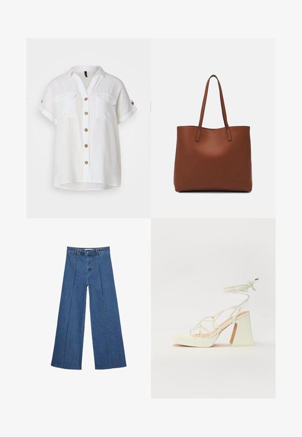 Camicia bianca a maniche corte con colletto, due tasche sul petto e bottoni decorativi marroni. Tessuto leggero, vestibilità rilassata.; Jeans in denim a gamba larga di blu medio, con vita alta, chiusura con bottone e dettagli delle cuciture verticali a contrasto lungo la parte anteriore.; Sandalo bianco con tacco alto, caratterizzato da un design a cinturini e un legaccio alla caviglia. Texture liscia con una piattaforma frontale per un'altezza aggiuntiva.; Borsa tote in pelle marrone con texture liscia, design con apertura superiore e due spallacci. Presenta cuciture minime e nessun hardware visibile.