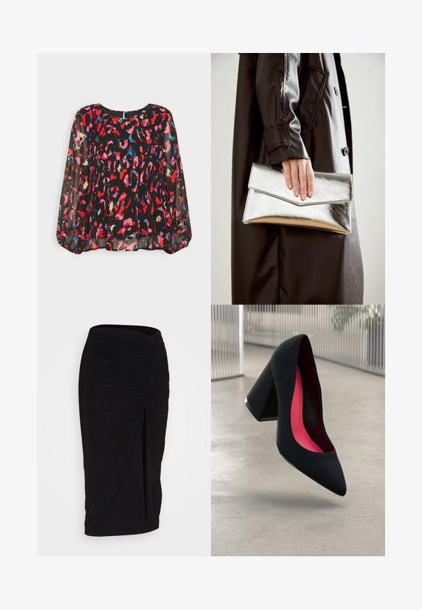 Black sheer blouse with vibrant red, pink, blue, and gold abstract patterns, pleated design, long puff sleeves, and a keyhole back closure.; Black, ruched pencil skirt with tie detail and a side slit. Made from a stretchy fabric, featuring a smooth texture and form-fitting design.; Black high heel shoe with a pointed toe, textured surface, and a vibrant pink interior. Features a chunky heel with silver accent.; Silver metallic clutch with an angular envelope design, smooth texture, and contrasting interior color, held in a hand wearing a black coat.