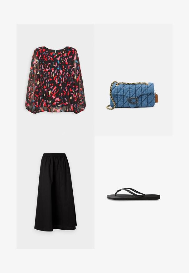 Melnā caurspīdīgā blūze ar spilgti sarkaniem, rozā, zilajiem un zeltainajiem abstraktajiem rakstiem, pleatota dizaina, garām pūkām un atslēgvārda aizmugurē.; Melna, ceļgalu garuma svārki, izgatavoti no viegla materiāla, ar elastīgu jostu un brīvu A formas siluetu. Uzskatāmi raksti nav redzami.; Melni čības ar teksturētu gumijas zoli, divām plānām siksniņām un smalku, iespiedotu logotipa detaļu uz siksniņas.; Zila kvadrātveida džinsu plecu soma ar zelta ķēdes siksnu un izteiksmīgu zelta logotipa akcentu priekšpusē. Kompakta taisnstūra forma.