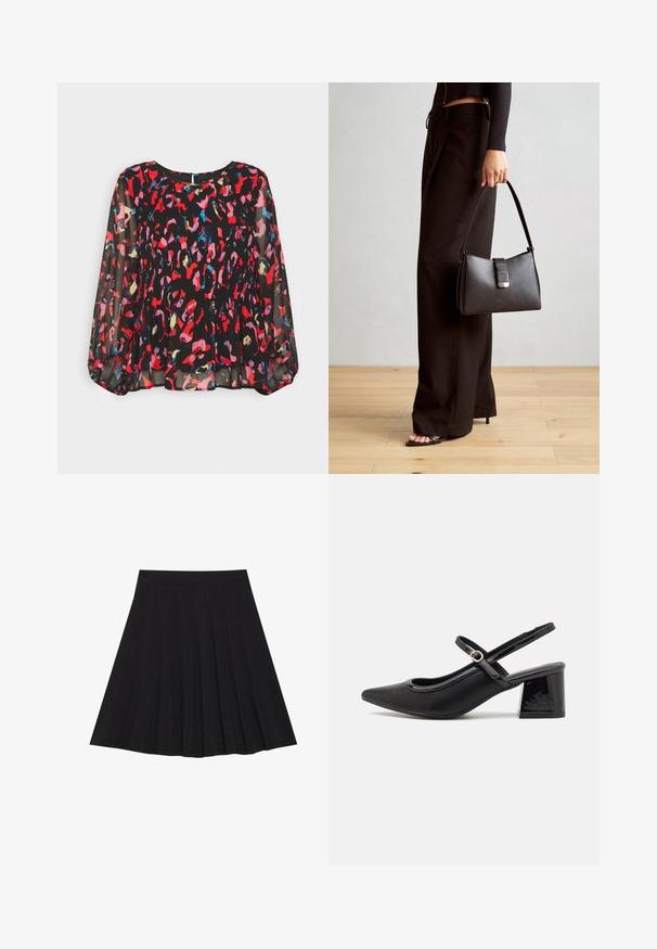 Fekete áttetsző blúz élénk piros, rózsaszín, kék és arany absztrakt mintákkal, pliszézett kialakítással, hosszú puffos ujjakkal és gomblyukas hátsó záródással.; Fekete, pliszírozott szoknya texturált anyagból, szűk derékpánttal. Térd alá ér, sima, letisztult vonalvezetéssel.; Fekete lakk bőr, pántos magassarkú cipő, hegyes orral, lekerekített kivágással és tömbsarkal. Arany színű csat díszíti.; Fekete kézi táska strukturált formával, sima textúrával és fémből készült záródással. Széles fekete nadrággal és nyitott orrú szandállal párosítva, fából készült padlón.