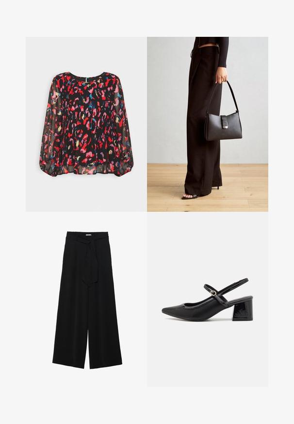 Fekete áttetsző blúz élénk piros, rózsaszín, kék és arany absztrakt mintákkal, pliszézett kialakítással, hosszú puffos ujjakkal és gomblyukas hátsó záródással.; Fekete, bő szárú nadrág, texturált anyagból, rugalmas derékpánttal és levehető sállal a derekán, amely állítható illeszkedést biztosít.; Fekete lakk bőr, pántos magassarkú cipő, hegyes orral, lekerekített kivágással és tömbsarkal. Arany színű csat díszíti.; Fekete kézi táska strukturált formával, sima textúrával és fémből készült záródással. Széles fekete nadrággal és nyitott orrú szandállal párosítva, fából készült padlón.