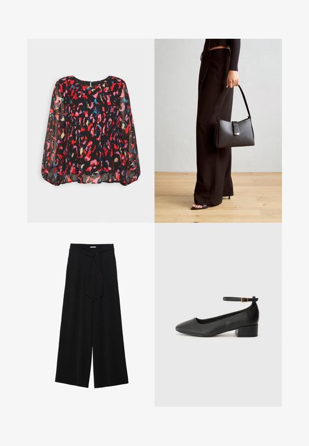 Juoda permatoma bluzelė su ryškiomis raudonomis, rožinėmis, mėlynomis ir auksinėmis abstrakčiomis raštais, nėrimo dizainu, ilgomis pūkuotomis rankovėmis ir angos užsegimu gale.; Juoda plačių kojų kelnės, pagamintos iš tekstūruoto audinio, su elastingu juosmeniu ir atsegamu diržu juosmenyje, leidžiančiu reguliuoti dydį.; Juodas odinis aukštakulnis batelis su smailiu pirštu ir žemu bloku. Su kulkšnies dirželiu su auksinės spalvos sagtimi. Lygus paviršius.; Juodas rankinė struktūrizuota forma, lygi tekstūra ir metalinis užsegimas. Suporuota su plačiomis juodomis kelnėmis ir atvirais bateliais ant medinių grindų.