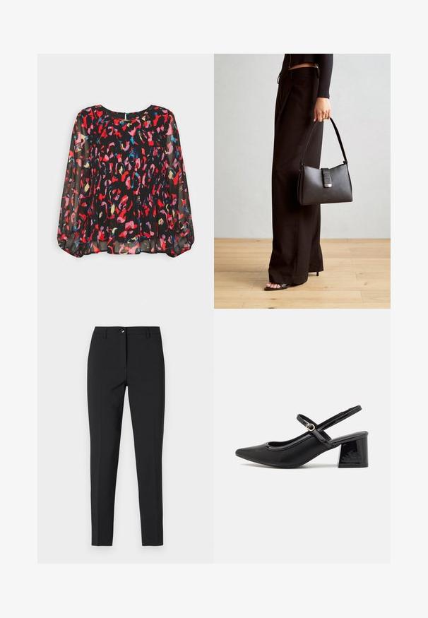 Blusa nera trasparente con vivaci motivi astratti in rosso, rosa, blu e oro, design plissettato, maniche lunghe a sbuffo e chiusura sul retro a forma di chiave.; Pantaloni neri attillati in tessuto liscio, con una vita classica, zip frontale e tasche laterali, dal design elegante e sartoriale.; Décolleté in vernice nera con cinturino dietro, punta affusolata, design con ritagli arrotondati e tacco a blocco. Presenta un accento di fibbia tono oro.; Borsa nera con forma strutturata, texture liscia e una chiusura metallica. Abbinata a pantaloni neri larghi e sandali open-toe su un pavimento in legno.