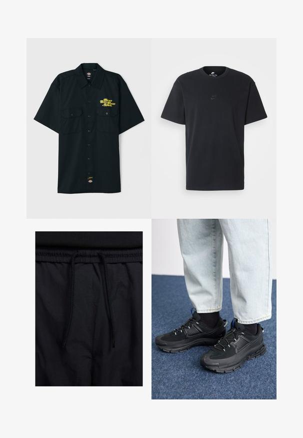 Czarna koszula z krótkim rękawem i kołnierzykiem, posiadająca dwie przednie kieszenie oraz żółty nadruk "Najlepsze złe jedzenie w mieście". Zawiera metkę z logo marki.; Czarny bawełniany t-shirt Nike z klasycznym okrągłym dekoltem, krótkimi rękawami oraz subtelnym, wytłoczonym logo na piersi. Gładka tekstura.; Czarne szorty z elastycznym paskiem na sznurku, lekkiego materiału o gładkiej fakturze oraz prostym wzornictwie bez widocznych logo czy wzorów.; Czarne buty sportowe z teksturowanej tkaniny i gumowymi podeszwami, z elastycznymi sznurówkami i niebieskim akcentem na pięcie. Noszone z jasnymi dżinsami.