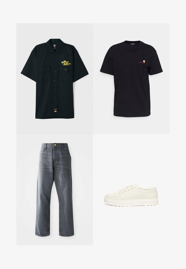 Maglietta nera a maniche corte con collo, due tasche anteriori e testo stampato giallo "Il Miglior Cibo Cattivo della Città". Presenta un'etichetta con il logo del brand.; T-shirt in cotone nero con maniche corte, collo rotondo e piccolo logo colorato sul lato sinistro del petto. Taglio classico con una texture liscia.; Jeans in denim grigio a gamba larga e vestibilità comoda per uomo, con tasche frontali e un singolo bottone dorato visibile in vita.; Sneaker in pelle bianca con una finitura liscia, punta arrotondata e sei fori per i lacci. Caratterizzato da una suola in gomma texturizzata e un design minimalista.