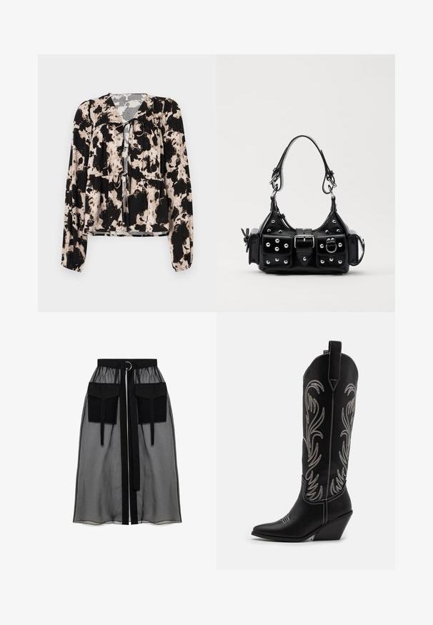 Halenka s dlouhými rukávy v černé a krémové barvě s vzorem, se stahovací šňůrkou kolem výstřihu a na gumičku v pase. Hladká textilní textura.; Černá průhledná sukně s nařaseným pasem, která má dvě velké přední kapsy, páskový uzávěr a kulatý kovový akcent.; Černé kožené kovbojské boty s špičatými špičkami, podpatky ve tvaru klínu a stříbrně vyšívanými květinovými vzory po celé délce. Kontrastní prošívání po celém obvodu.; Černá kožená kabelka s křivkovým designem, zdobená stříbrnými hřebíky, s přezkou a dvěma bočními kapsami. Nastavitelný popruh pro různé možnosti nošení.