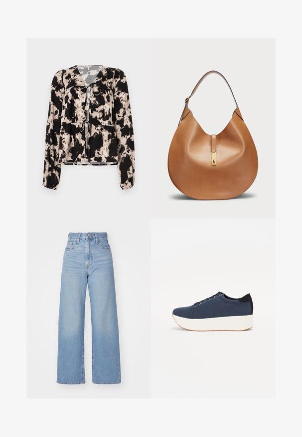 Fekete és krémszínű mintás blúz hosszú ujjakkal, nyakán masni részlettel és a deréknál rugalmas gyűrűzéssel. Simma anyag textúra.; Világoskék, magas derekú, bő szárú farmernadrág, elülső gombbal és cipzárral, elülső és hátsó zsebekkel, fehér háttérrel.; Sötétkék sportcipő, texturált szövet felsőrész, fehér platform talp, lekerekített orr és fekete sarok akcentussal. Hat fűzőlyuk található rajta.; Barna bőr kézitáska íves formával és széles vállpánttal. Középen arany fém díszítéssel és sima felülettel rendelkezik.