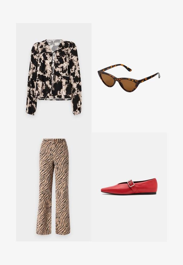 Blouse à motifs noir et crème avec des manches longues, un détail de lien au niveau du col et un élastique froncé à la taille. Texture de tissu lisse.; Pantalons à jambes larges avec un motif rayé tigre dans des nuances de marron et de noir, dotés d'une taille standard et d'un design à cinq poches.; Ballerine en cuir rouge avec une pointe pointue, comportant une lanière sur le côté avec une boucle en métal et un petit talon noir. Texture lisse sur l'ensemble.; Lunettes de soleil style œil de chat avec une monture en écaille de tortue noire et orange, verres marron et pointes effilées et élégantes. Présente un logo minimaliste sur la branche.