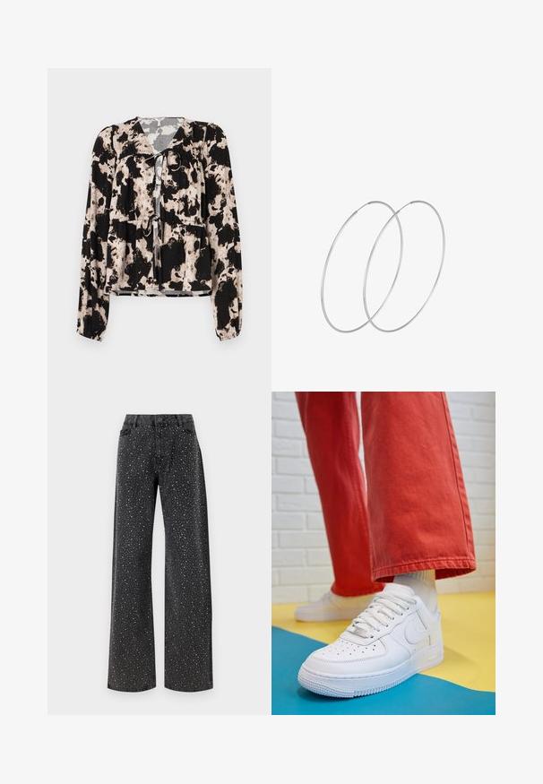 Blusa de patrón negro y crema con mangas largas, detalle de lazo en el escote y elástico fruncido en la cintura. Textura de tela suave.; Noisy May NMJANNEL LOOSE - Vaqueros boyfriend - black denim; Zapatilla de cuero blanco con caja de dedos perforada, suela texturizada y cordones blancos, combinada con pantalones rojos amplios y un fondo azul y amarillo.; Pendientes de aro plateados con un diseño minimalista. Forma circular, textura suave y perfil delgado. Livianos con un acabado pulido.