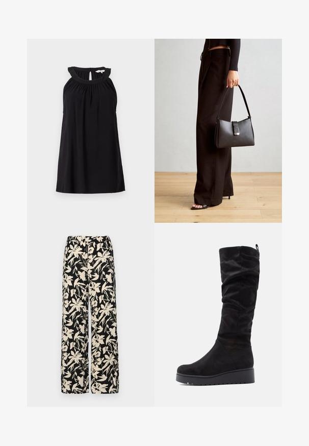 Czarna sukienka bez rękawów z marszczonym dekoltem, szczegółem w kształcie dziurki z tyłu i luźnym krojem. Wykonana z miękkiej, lekkiej tkaniny.; Czarne spodnie wide-leg z kremowym kwiatowym wzorem. Wykonane z lekkiego materiału, o gładkiej teksturze i wysokim staniku.; Czarne zamszowe kozaki sięgające do kolan z luźnym fasonem, okrągłym noskiem i grubą platformą z żłobieniami.; Czarna torebka o usztywnionym kształcie, gładkiej fakturze i metalowym zapięciem. Połączona z szerokimi czarnymi spodniami i sandałami na otwartym palcu na drewnianej podłodze.