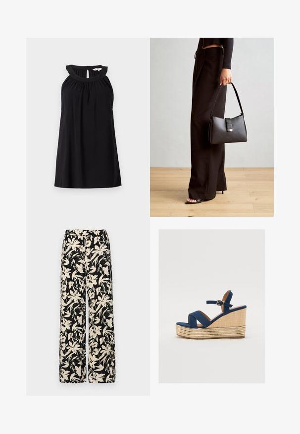 Black sleeveless dress with a gathered neckline, keyhole back detail, and a relaxed fit. Made from soft, lightweight fabric.; Black wide-leg pants with a cream floral pattern. Made of lightweight fabric, featuring a smooth texture and a high waistband.; Navy blue wedge sandal with crossed straps, a textured natural fiber platform, and a gold metallic accent on the base.; Black handbag with structured shape, smooth texture, and a metallic clasp. Paired with wide black pants and open-toe sandals on wooden floor.