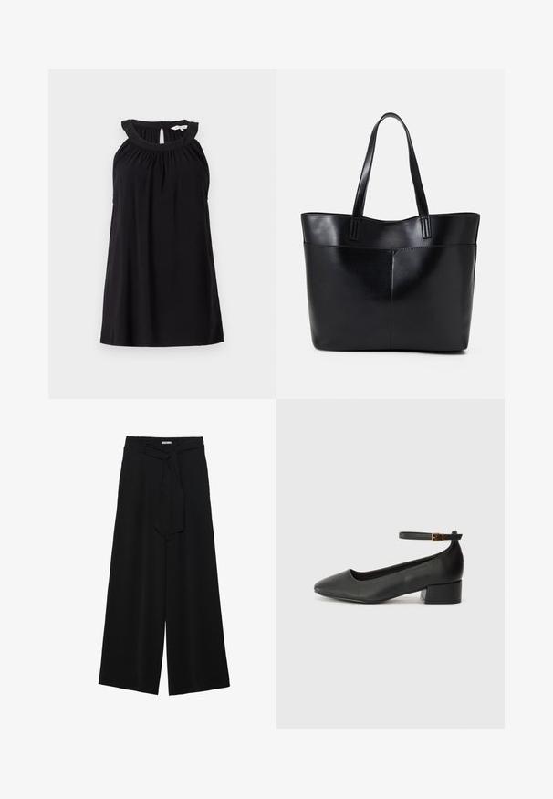 Black sleeveless dress with a gathered neckline, keyhole back detail, and a relaxed fit. Made from soft, lightweight fabric.; Black wide-leg pants featuring a textured fabric, an elastic waistband, and a detachable sash tie at the waist for adjustable fit.; Black leather pump with a pointed toe and a low block heel. Features an ankle strap with a gold-tone buckle. Smooth texture.; Black leather tote bag with two long handles, a smooth texture, and a structured shape. Features a front pocket for additional storage.