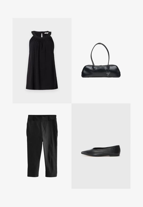 Czarna sukienka bez rękawów z marszczonym dekoltem, szczegółem w kształcie dziurki z tyłu i luźnym krojem. Wykonana z miękkiej, lekkiej tkaniny.; Czarne, krótkie spodnie o gładkiej teksturze. Posiadają płaski pas w talii i brak widocznych kieszeni, zaprojektowane z myślą o dopasowanym kroju.; Czarne baleriny z lakierowanej skóry, spiczasty nosek, minimalistyczny design, gładka faktura, niskie obcasy, bez widocznych elementów metalowych czy ozdób.; Czarna skórzana torebka na dwa uchwyty, owalny kształt, gładka tekstura, subtelne logo oraz załączona etykieta w kształcie serca.