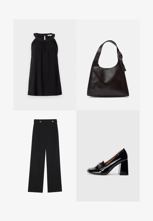 Rochie neagră fără mâneci, cu un decolteu strâns și detalii la spate în formă de găurele, și o croială lejeră. Fabricată dintr-un material moale și ușor.; Pantaloni negri cu picioare largi, talie înaltă, detalii cu butoane pe talie și pliseuri în față.; Pantofii cu toc înalt din piele lăcuită neagră, cu vârf ascuțit și toc pătrat. Prezentând o curea decorativă și detaliu cu cataramă pe vârf.; Geantă de umăr din piele maro, cu o textură netedă, formă rotunjită, curea largă și un accent metallic circular pe mânere.