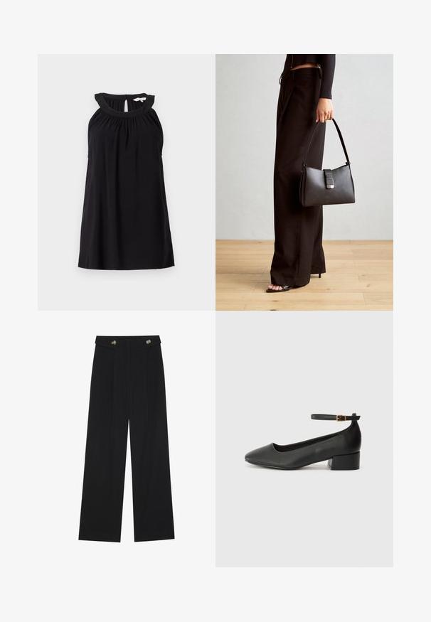 Melna bezpiedurkņu kleita ar sakopotu dekoltē, atslēgas cauruma aizmugures detaļu un brīvu piegriezumu. Izgatavota no mīksta, viegla materiāla.; Melnas platās bikses ar augstu jostasvietu, pogu detaļām uz jostas un priekšējām krokām.; Melnas ādas sūkņi ar smailu purngalu un zemu bloku papēdi. Iezīmēts ar potītes siksniņu ar zelta krāsas sprādzi. Gluda tekstūra.; Melnā somiņa ar strukturētu formu, gludu tekstūru un metālu sprādzi. Saskaņota ar platām melnām biksēm un sandālēm ar atvērtu purngalu uz koka grīdas.