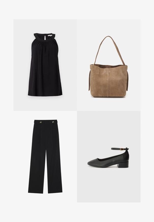Czarna sukienka bez rękawów z marszczonym dekoltem, szczegółem w kształcie dziurki z tyłu i luźnym krojem. Wykonana z miękkiej, lekkiej tkaniny.; Czarne szerokie spodnie z wysokim stanem, z detalami w postaci guzików na pasku oraz plisami z przodu.; Czarne skórzane szpilki z ostrym noskiem i niskim słupkowym obcasem. Wyposażone w pasek na kostkę z złotym zapięciem. Gładka tekstura.; Brązowa torba tote z zamszu o miękkiej teksturze, otwartym topie i jednym pasku na ramię. Posiada gładkie wykończenie i minimalne zdobienia.
