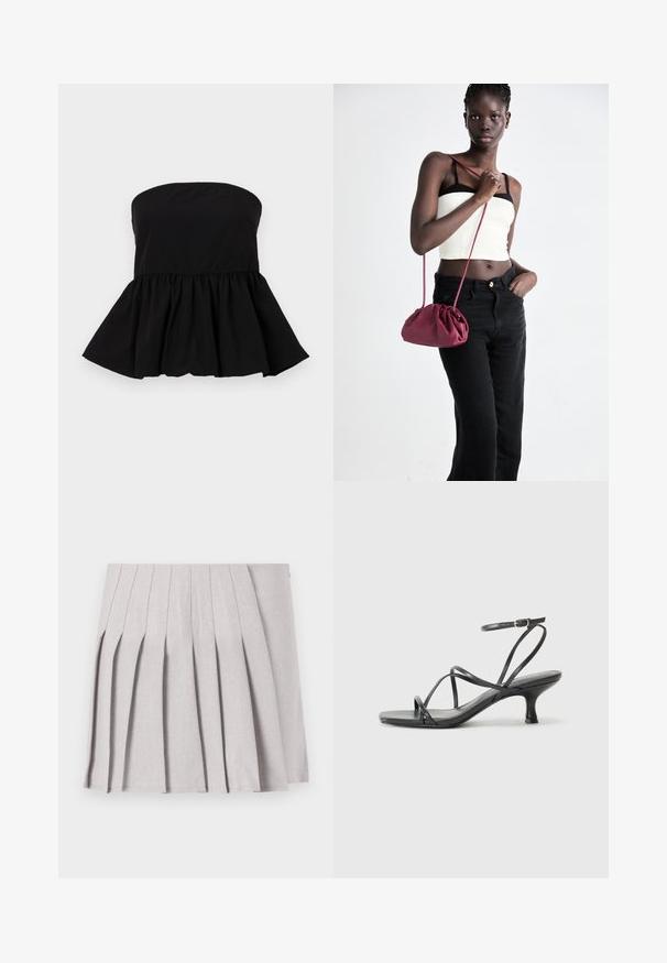 Fekete, pánt nélküli felső, ráncolt peplum szegéllyel. Simogató anyagból készült, illeszkedő felsőrésszel rendelkezik, és a deréktól kezdve bővül.; Szürke pliszírozott szoknya sima textúrával, több függőleges redővel és testre simuló derékkal. Könnyű anyagból készült.; Fekete magassarkú szandál vékony pántokkal, nyitott orrú kialakítással és kis, halkón borított sarokkal. Az anyag simának és fényesnek tűnik.; Burgundy puha anyagú kézitáska, ráncolt dizájnnal és hosszú pánttal, keresztben hordva. A modellen fehér rövid top és fekete farmer van.