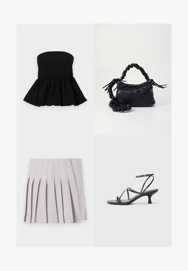 Fekete, pánt nélküli felső, ráncolt peplum szegéllyel. Simogató anyagból készült, illeszkedő felsőrésszel rendelkezik, és a deréktól kezdve bővül.; Szürke pliszírozott szoknya sima textúrával, több függőleges redővel és testre simuló derékkal. Könnyű anyagból készült.; Fekete magassarkú szandál vékony pántokkal, nyitott orrú kialakítással és kis, halkón borított sarokkal. Az anyag simának és fényesnek tűnik.; Fekete műbőr kézi táska krokodil bőr textúrával, összehúzható tetejű és gyűrt pánttal. Lágy és kompakt dizájnúnak tűnik.