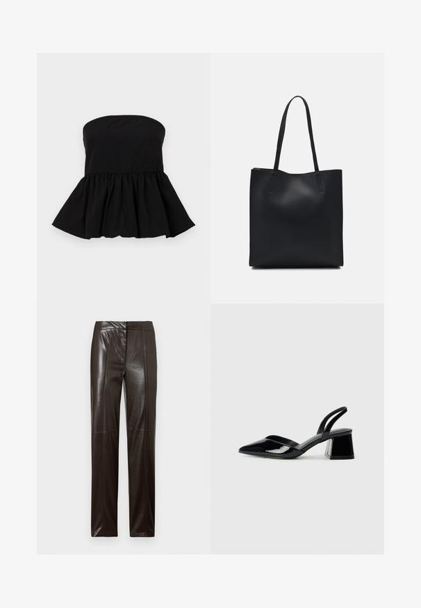 Top preto sem alças com uma bainha peplum franzida. Feito de um tecido suave, apresenta um corpete justo que se alarga a partir da cintura.; Calças de couro de perna straight, castanho-escuro, com um acabamento suave e detalhes de costura subtil ao longo da frente.; Sandy em verniz preto com salto slingback, ponta afilada e salto geométrico. Apresenta um design elegante e minimalista com textura suave.; Bolsa tote preta em couro com textura lisa, forma retangular e duas alças longas. Sem hardware ou enfeites visíveis.