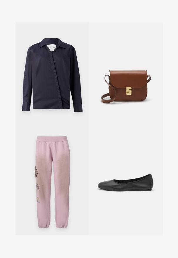 Maglietta blu scuro realizzata in tessuto liscio, con colletto classico, maniche lunghe e chiusura frontale asimmetrica.; T-shirt bianca a maniche corte realizzata in tessuto a costine. Collo rotondo, vestibilità regolare e dettagli di cucitura sottili. Senza motivi o grafiche.; Pantaloni della tuta rosa con vita elastica, caratterizzati da toppe decorative a forma di diamante sul lato sinistro e polsini elastici alle caviglie.; Pantofole da balletto nere in pelle con punta arrotondata, texture liscia, dettagli di cucitura minimi e design con suola flessibile.; Borsa a tracolla in pelle marrone con chiusura a pattina, hardware color oro, tracolla e una finitura liscia. Forma rettangolare compatta.