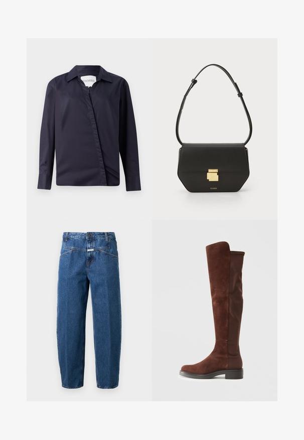 Sötét tengerészkék ing sima anyagból, klasszikus gallérral, hosszú ujjakra és aszimmetrikus elülső záródásra jellemző.; Sötétkék farmernadrág, laza szabású, öt zsebes kialakítással, varrott varratokkal és gombos derékrésszel.; Magas barna velúr és szövet csizma alacsony fekete sarokkal és kerek orral, oldalnézetben, sima fehér háttér előtt bemutatva.; CLOSED CLOSED ONE - Keresztpántos táska - black