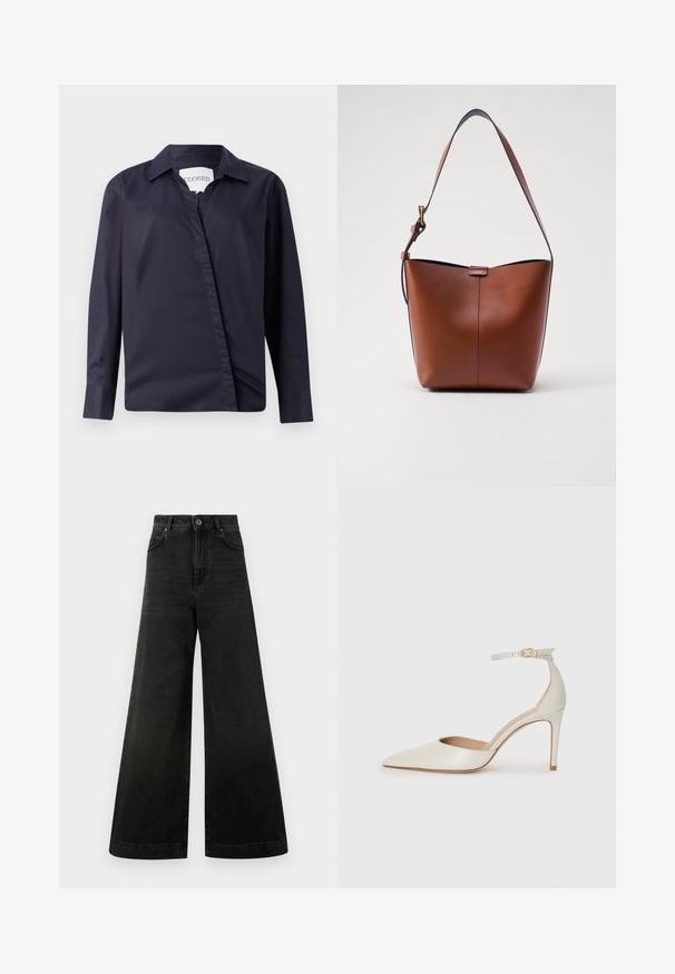 Tume mereen sinine särk, mis on valmistatud siledast materjalist, omades klassikalist kraed, pikki varrukaid ja асümmeetrilist esist kinnitust.; Kõrge vöökohaga, laia säärega teksad tumedast mustast denimist. Omadused hõlmavad kinnitust nuppudega, esi taskuid ja ühtlast tekstuuri vähese pleekimisega.; Valgete nahast kõrge kontsaga kingad, terava varbaga, ankle strapiga ja kitsaste stiletto kontsadega. Sile tekstuur koos peene läikega.; Pruun nahast õlakott, millel on kaarjas kuju, sile tekstuur ja üks õhuke rihm. Omab peent õmblust ja väikest logo detaili.
