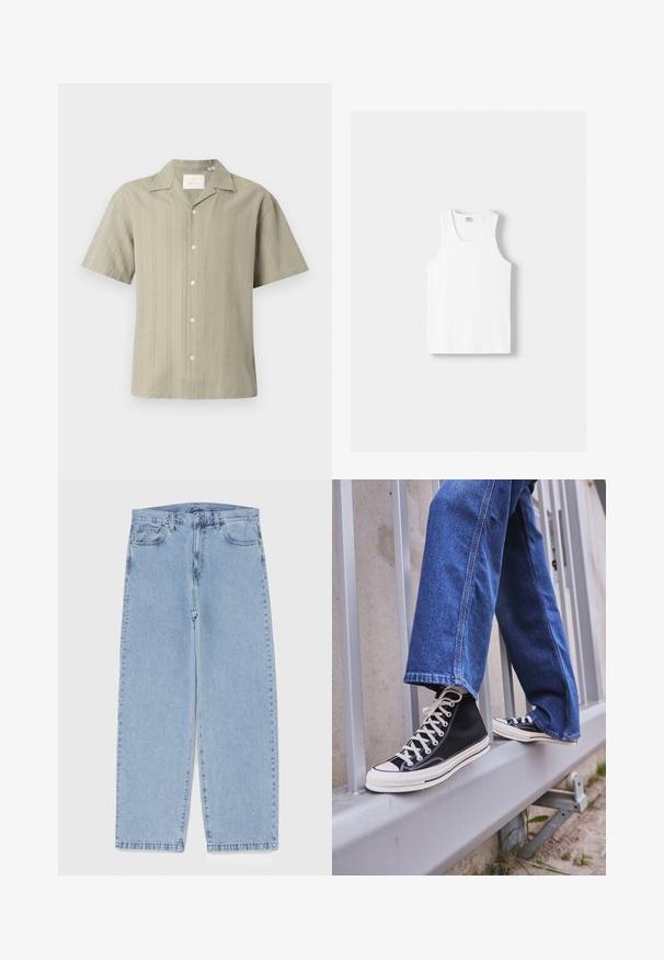 Koszula krótki rękaw w jasnym oliwkowym kolorze, lekki materiał w pionowe paski i z wykładanym kołnierzykiem, z guzikami z przodu i luźnym krojem.; Biały bawełniany top na ramiączkach z okrągłym dekoltem, szerokimi ramiączkami i prostym dołem, charakteryzujący się gładką teksturą i brakiem widocznych wzorów.; Jasnoniebieskie dżinsy o prostym kroju nogawki, z średnim stanem, pięcioma kieszeniami oraz zapięciem na guzik i zamek błyskawiczny.; Czarne sneakersy za kostkę z białą podeszwą i sznurówkami, w połączeniu z luźnymi niebieskimi dżinsami, opierające się na szarym balustradzie.