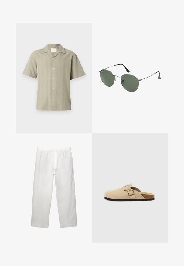 Lyhythihainen paita vaaleassa oliivinvihreässä, kevyttä kangasta, jossa on pystysuorat raidat ja kärjellinen kaulus. Paidassa on edessä napit ja rento malli.; Valkoinen puuvillapaita lyhyillä hihoilla, pyöreällä kaula-aukolta ja rentoa istuvuutta. Sujuva pinta ilman näkyviä kuvioita tai korostuksia.; Valkoiset pellava-housut, joissa on elastinen vyötärö ja naru, leveät lahkeet ja siistit saumat. Sileä pinta ja rento istuvuus.; Beige mokkasiner i semsket skinn med korksåle, rund tå og en enkel stropp med gulltone spenne. Gummisåle for godt grep.; Aurinkolasit metallikehyksillä, joissa on soikeat vihreät linssit. Ohut hopeinen metallikehys ja mustat korvapehmusteet. Minimalistinen muotoilu, ei näkyviä logoja.
