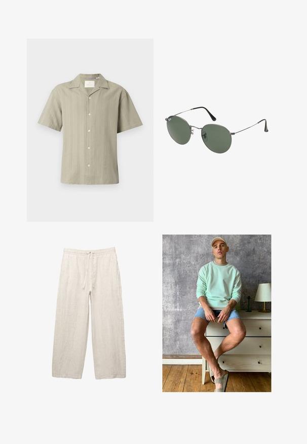 Cămașă cu mânecă scurtă în verde măsliniu deschis, dintr-un material ușor, cu dungi verticale și guler ascuțit, având nasturi în față și o croială lejeră.; Pantaloni din in de culoare bej deschis, cu un brâu elastic și șnur, cu un design cu picioare largi și buzunare laterale. Textură netedă.; Hanorac verde mentă, pantaloni scurți din denim și pantofi slip-on verde oliv. Așezat pe o comodă de culoare deschisă, lângă un perete texturat gri.; Ochelari de soare cu ramă metalică, dotati cu lentile ovale verzi. Ramă subțire din metal argintiu și ușițe negre. Design minimalist, fără logo-uri vizibile.