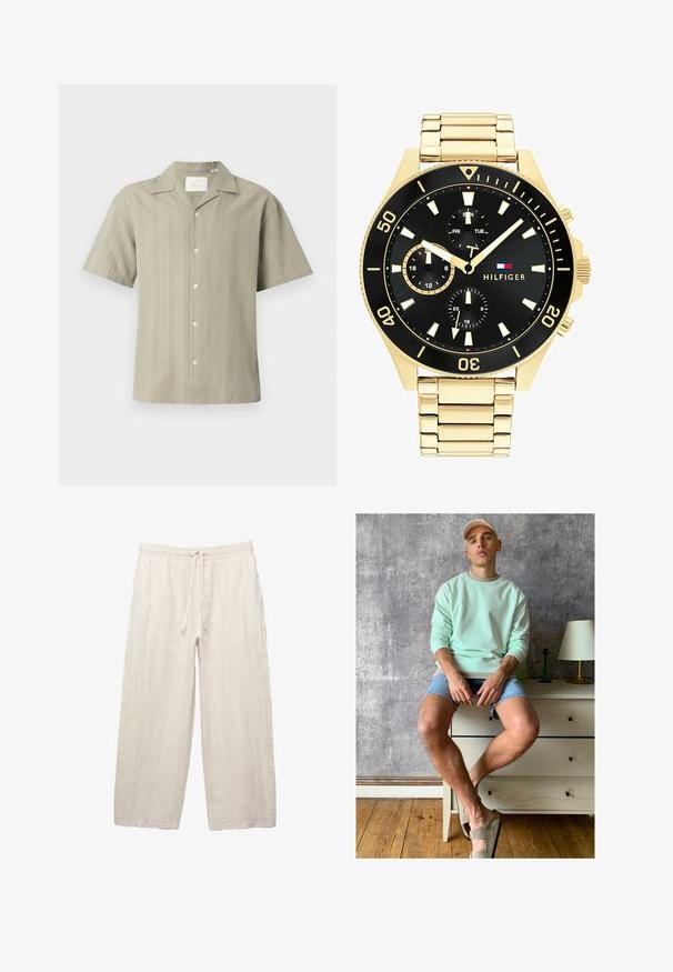Korte mouw shirt in licht olijfgroen, lichtgewicht stof met verticale strepen en een puntige kraag, met knopen aan de voorkant en een relaxte pasvorm.; Linnen broeken in lichtbeige, met een elastische tailleband met een trekkoord, een wijde pasvorm en zijzakken. Gladde textuur.; Muntgroene sweatshirt, denim shorts en olijfgroene instappers. Zittend op een lichtgekleurde ladekast tegen een gestructureerde grijze muur.; Gouden metalen horloge met een zwarte wijzerplaat, luminescerende markers en drie sub wijzerplaten. Beschikt over een gestructureerde band en het "HILFIGER" logo in het midden.; Gouden kruisoorbellen met een gladde afwerking en een hanglus, met een eenvoudig, langwerpig ontwerp. Elk kruis heeft een uniforme maat.