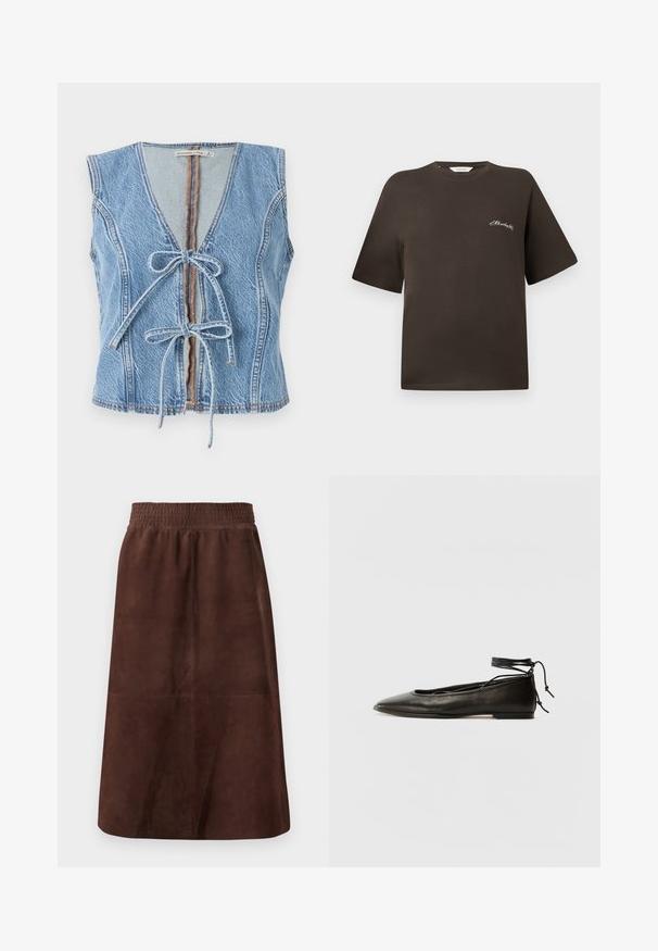 Zila džinsa veste ar dziļu V-veida kakla izgriezumu, priekšējo aizdari ar sasiešanu un bez piedurknēm. Iezīmē redzamu šuvju un neapgrieztu apakšmalu.; Brūns kokvilnas T-krekls ar īsām piedurknēm, brīvā piegriezumā, ar apaļu kakla izgriezumu, ar mazu baltu izšuvumu kreisajā krūšu daļā.; Brūna zamšāda svārku ar elastīgu jostasvietu, A formas siluetu, gludu tekstūru un bez redzamām rakstu vai aparatūras detaļām.; Melnas ādas baleta kurpes ar smailu purngalu, potītes saitēm un plakanu zoli, kas izceļas ar gludu tekstūru un minimālistisku dizainu.