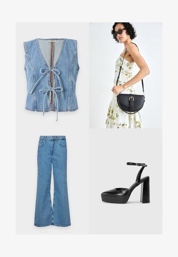 Blauwe denimvest met een diepe V-hals, sluiting aan de voorkant met een strik en een mouwloos ontwerp. Heeft zichtbare stiksels en een ruwe zoom.; Lichtblauwe flared jeans van denim, met een hoge taille, vijf zakken en een enkele knoopsluiting. Zachte textuur met een vervaagde afwerking.; Zwarte plateauhakken met een puntige neus en verstelbare enkelband. Gemaakt van soepel leer, met een robuuste blokhak.; Zwarte leren handtas met een gebogen vorm, afneembare schouderband en gouden hardware. De tas heeft een klep met een gespsluiting.