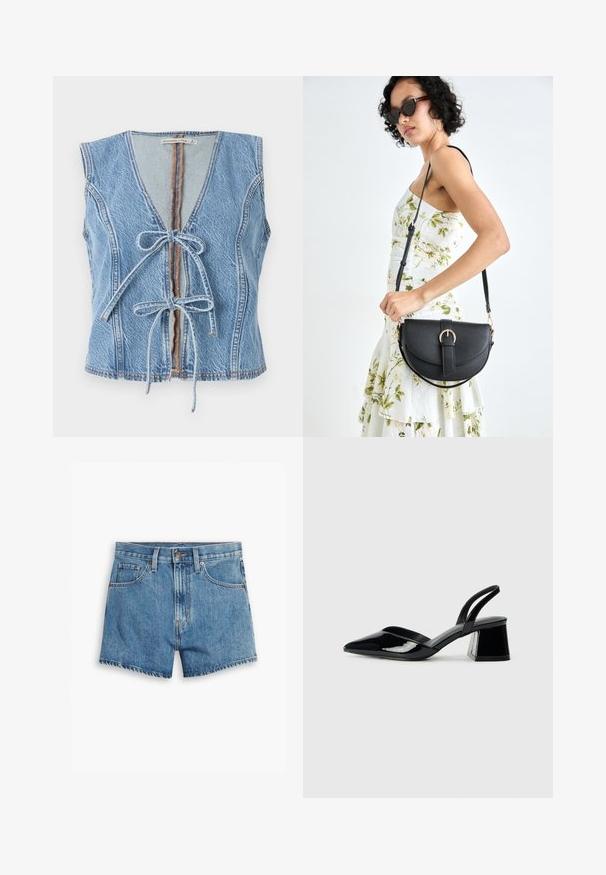 Blaues Denim-Weste mit tiefem V-Ausschnitt, Frontbindung und ärmellosem Design. Mit sichtbaren Nähten und einem rohen Saum.; Hellblaue Denim-Shorts mit fünf Taschen, einem Reißverschluss und einem Knopfverschluss. Der Saum ist fransig und das Design bietet eine lässige Passform.; Schwarze Lackleder-Slingback-High Heels mit spitzem Schuh und einem geometrischen Blockabsatz. Verfügt über ein schlankes, minimalistisches Design und eine glatte Textur.; Schwarze Lederhandtasche mit geschwungener Form, abnehmbarem Tragegurt und goldenen Beschlägen. Die Tasche verfügt über einen Deckel mit einer Schnallen-Details.