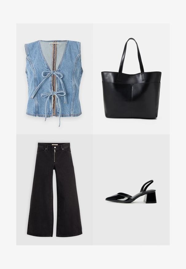 Gilet in denim blu con scollatura a V profonda, chiusura anteriore con lacci e design senza maniche. Presenta cuciture a vista e un orlo grezzo.; Jeans a gamba larga in denim nero con chiusura a zip, design a cinque tasche e dettagli di cucitura sottili. Texture morbida e stile casual.; Décolleté in vernice nera con punta affusolata e tacco in geometria cubica. Presentano un design elegante e minimalista, con una texture liscia.; Borsa a tracolla in pelle nera con due manici lunghi, una texture liscia e una forma strutturata. Presenta una tasca frontale per ulteriore spazio di archiviazione.