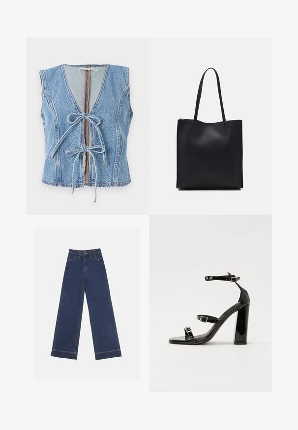 Gilet en denim bleu avec un décolleté en V profond, fermeture à nouer à l'avant et sans manches. Présente des coutures visibles et un ourlet brut.; Jeans à jambes larges en denim bleu foncé. Comprend cinq poches, des passants de ceinture et un ourlet brut en bas avec des détails de couture visibles.; Sandales à talons vernies noires avec un bout carré, des sangles autour de la cheville et des boucles en argent. Dotées d'un talon bloc épais pour plus de stabilité.; Sac fourre-tout en cuir noir avec une texture lisse, de forme rectangulaire et deux longues poignées. Pas de matériel ou d'ornementations visibles.